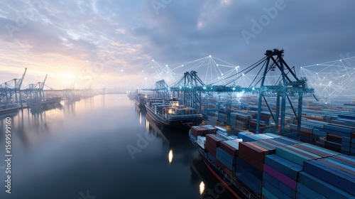 Futuristic Maritime Port with Digital Network and Cargo Containers at Sunrise