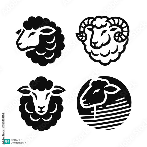 set of sheep vector black and white illustration