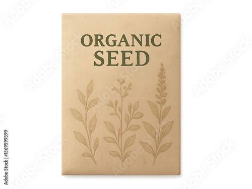 Organic seed packet with plant illustrations on brown background, Isolyate on transparent background