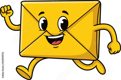 Happy yellow envelope character running with excitement and joy