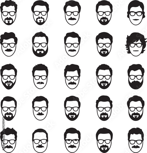 Black and white male faces with diverse hairstyles and facial hair beards mustaches
