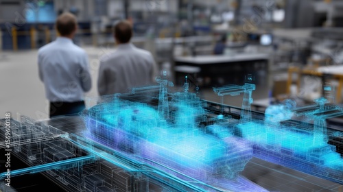 Engineers Analyzing Virtual Ship Model with Augmented Reality in Modern Factory Setting