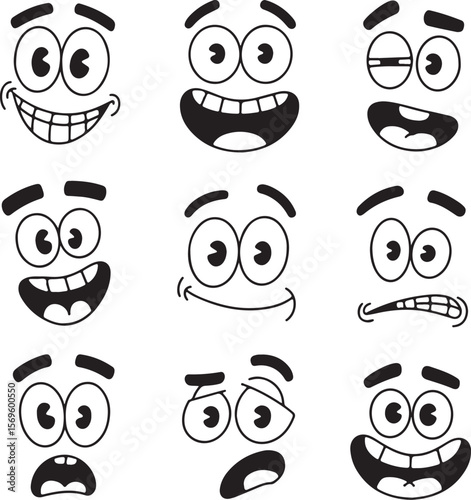 Cartoon faces with varied expressions eyes mouths