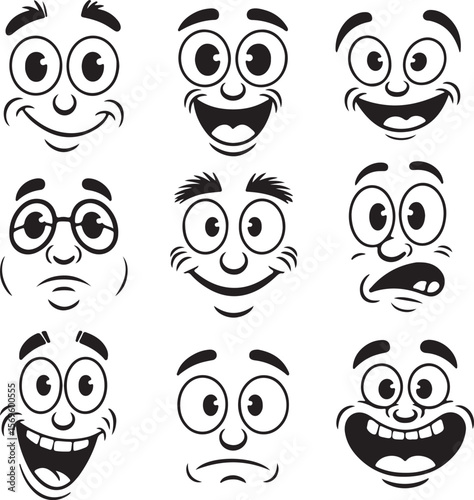 Cartoon faces with varied expressions and emotions happy