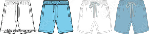 Technical flat sketches and colored renders of men's elasticated waist shorts with drawstrings, perfect for activewear, casual fashion design, and apparel mockups.