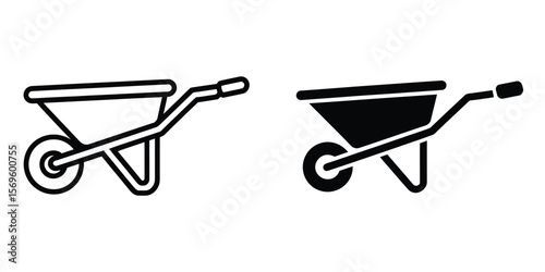 A simple black and white icon illustration of a wheelbarrow shown in two variations side by side