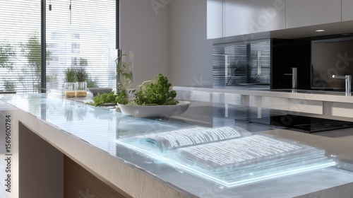 Futuristic Kitchen with Holographic Cookbook and Fresh Herbs on Modern Countertop