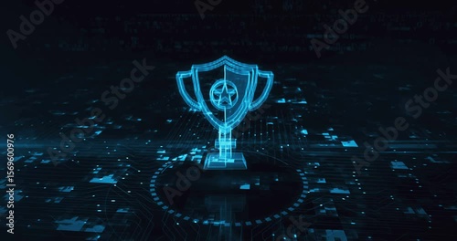 Gaming trophy winning gaming sport cup hologram symbol appears on a digital background. Network, cyber technology and computer abstract concept 3d animation.