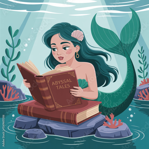 Mermaid Reading an Ancient Book on Ocean Rocks