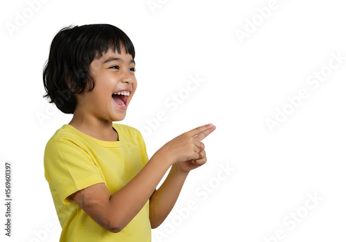 Wallpaper Mural A cheerful young girl is laughing and pointing to the right side, isolated on transparent background Torontodigital.ca