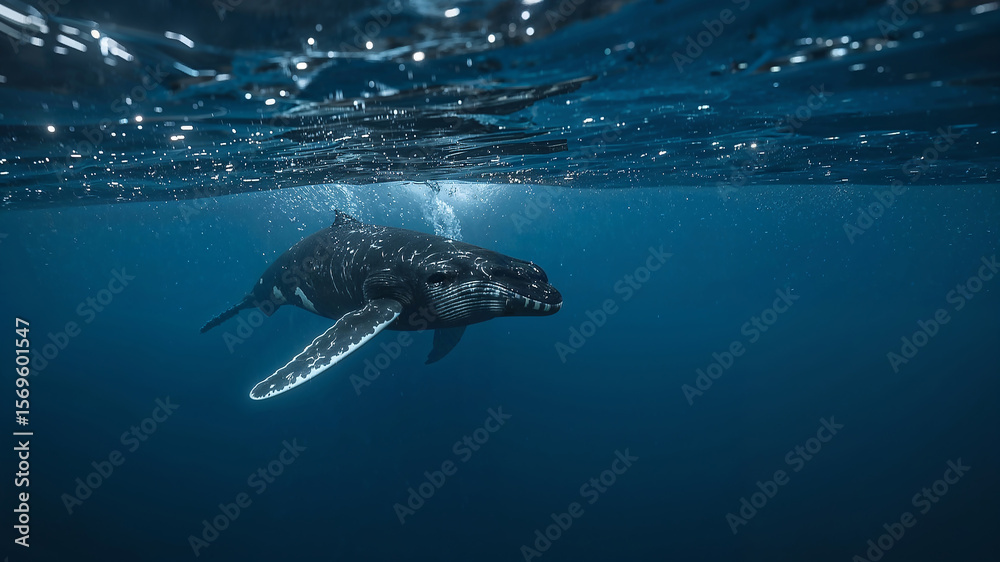 Naklejka premium Humpback whale swimming in deep blue ocean, majestic marine wildlife encounter