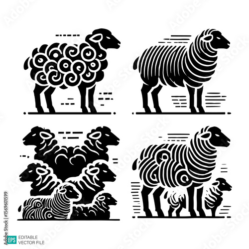 set of sheep vector black and white illustration