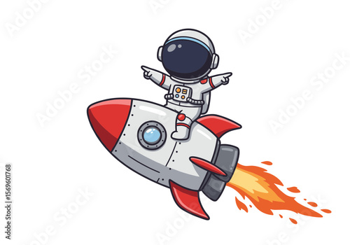 vector of cute cartoon astronaut character riding on a rocket ship