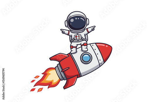 vector of cute cartoon astronaut character standing on a rocket ship in space
