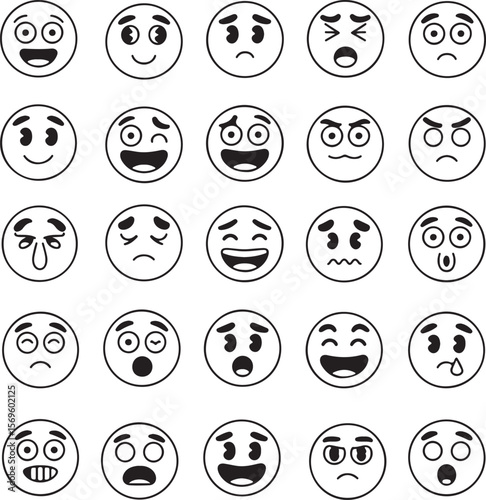 Various expressive emoji faces in black and white expressions emotions