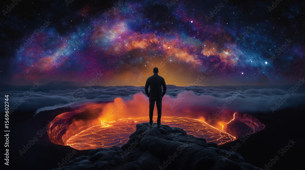 Fototapeta premium Individual gazes towards luminous lava lake, surrounded by billowing clouds and a stunning star-filled sky. Remote volcanic landscape exudes dramatic beauty