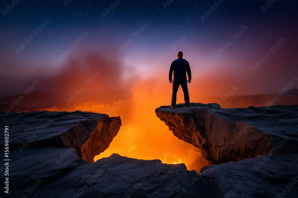 Obraz premium Man stands on rocky ledge observing glowing lava from volcanic eruption. Twilight background with stars enhances the awe-inspiring view. Concept of adventure, geology, thrill-seeking
