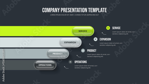 Corporate Launch Slide Template Vector Illustration. Visual Campaign Four Element Infographic Frame Layout. Service Innovation 4 Step Diagram Presentation Design.