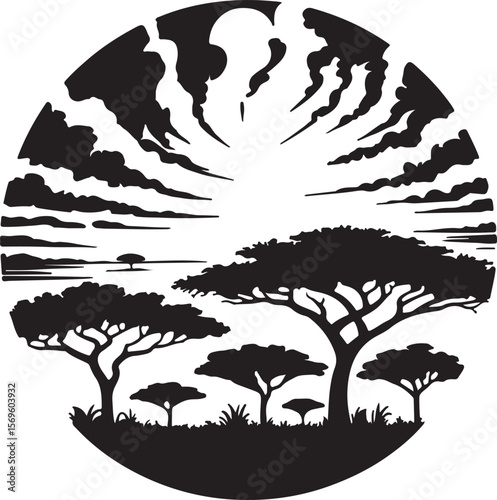 African savanna landscape with acacia trees and dramatic sky silhouette vector