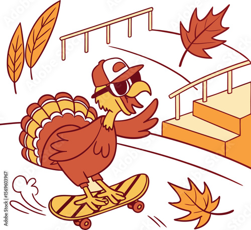 Cool Cartoon Turkey Skateboarding In Autumn Skate Park, Fun Thanksgiving Animal With Hat And Sunglasses Illustration