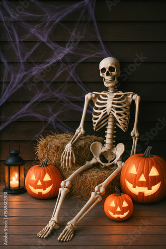 halloween skeleton sitting beside glowing jack-o'-lanterns and hay bales, creating a spooky atmosphere with purple cobwebs in a rustic setting