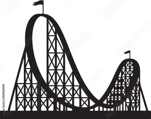 Black silhouette of a roller coaster with flags amusement park thrill ride