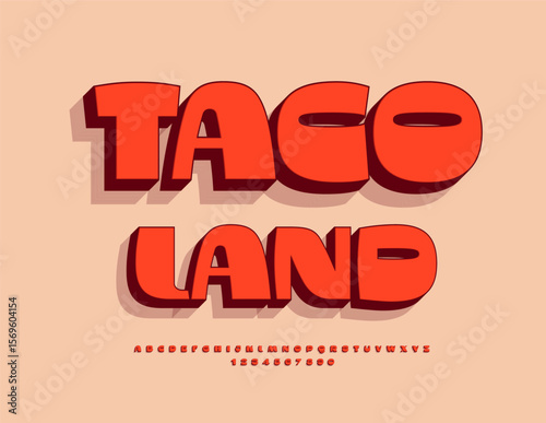 Vector Promo poster Taco Land. Stylish Red Font. Fashion 3D Alphabet Letters and Numbers set.