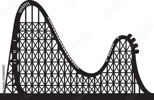 Black silhouette of a roller coaster with multiple cars amusement park thrill ride