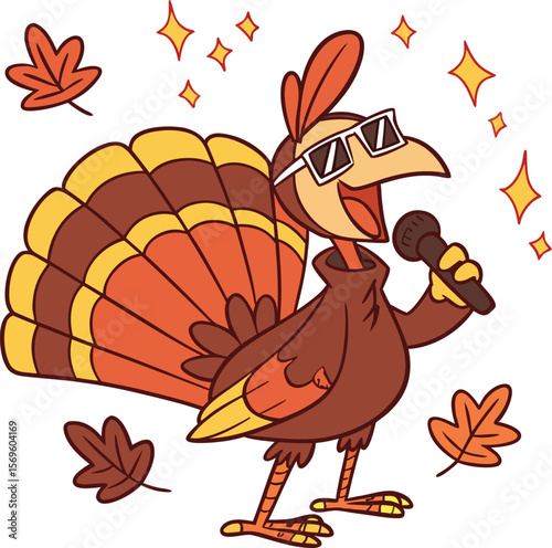 Cool Cartoon Turkey Singing With Microphone And Sunglasses, Fun Thanksgiving Celebration Autumn Illustration