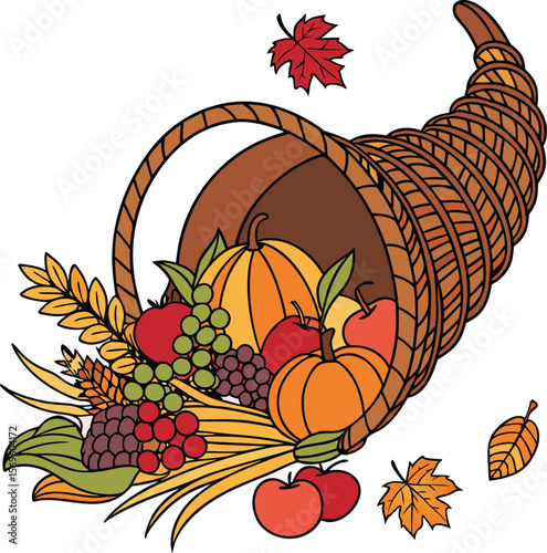 Colorful Cornucopia With Harvest Fruits And Vegetables, Autumn Thanksgiving Abundance Symbol Illustration