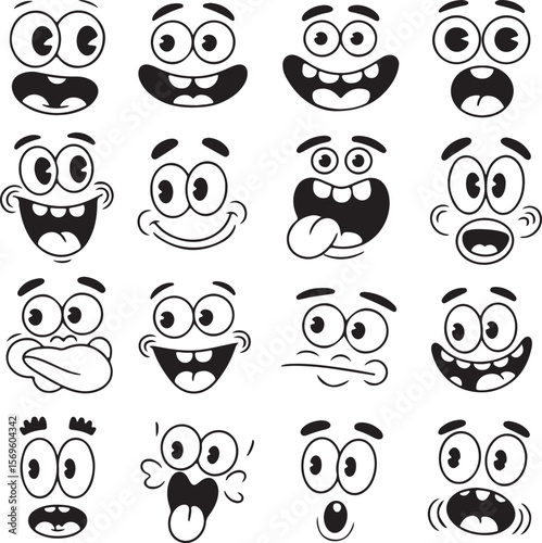 Cartoon faces expressing various emotions with wide open mouths and large eyes expressions