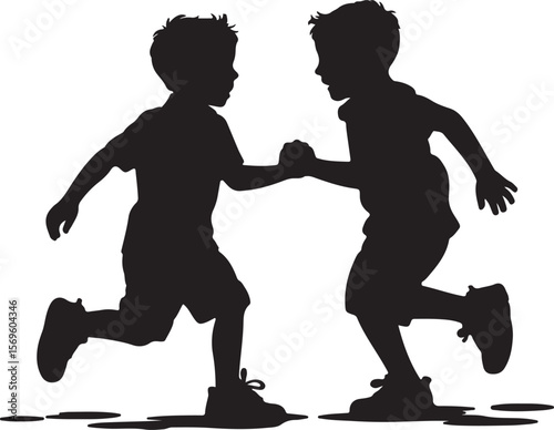 Boys playing together in silhouette children running