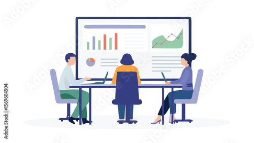 People sitting at a conference table looking at charts and graphs on a large screen display board
