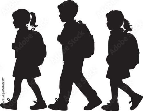 Children walking with backpacks silhouette school