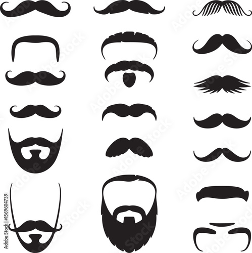 Diverse collection of black mustache and beard silhouettes facial hair grooming