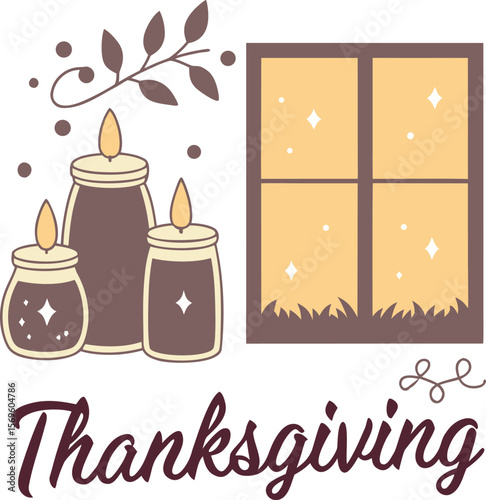 Thanksgiving Window Scene With Glowing Candle Jars, Cozy Autumn Leaves And Home Decor Illustration