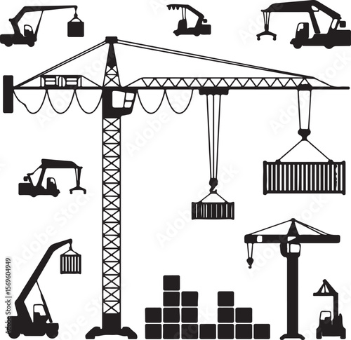 Industrial construction equipment lifting cargo silhouette collection crane