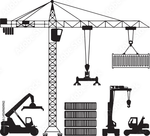 Industrial lifting equipment and cargo containers silhouette crane forklift