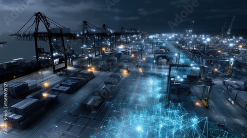 Futuristic Smart Port with Digital Network and Cargo Containers at Night