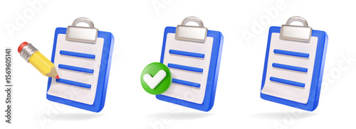 3d blue clipboard icons with sheet of paper, pencil and check mark. Notes, contracts, schedule, work planning. Report document Cartoon simple vector illustration