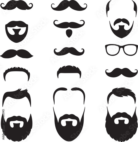 Various black silhouette facial hair styles and glasses beard mustache