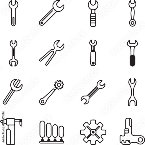 Various metal tools and mechanical parts wrench spanner
