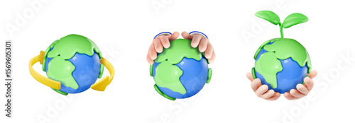 Cartoon planet Earth with green sprout and leaves on white background. Save the planet symbols. Planet Earth day or Environment day collection. Vector illustration
