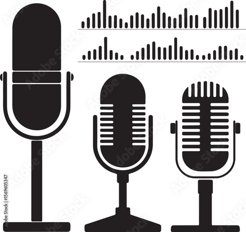 Vintage microphone silhouettes with audio wave graphics retro sound