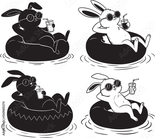 Rabbit Relaxing On Swim Tire With Juice silhouette