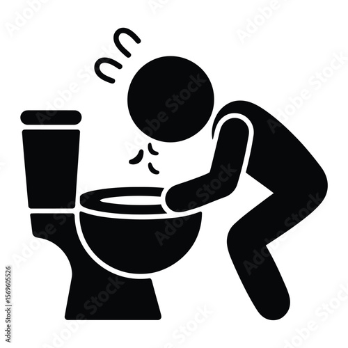 A simple black and white icon illustration of someone vomiting into a toilet