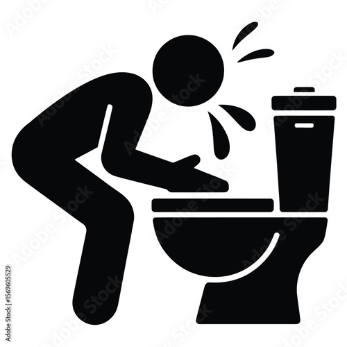 A simple black and white icon illustration of someone vomiting into a toilet