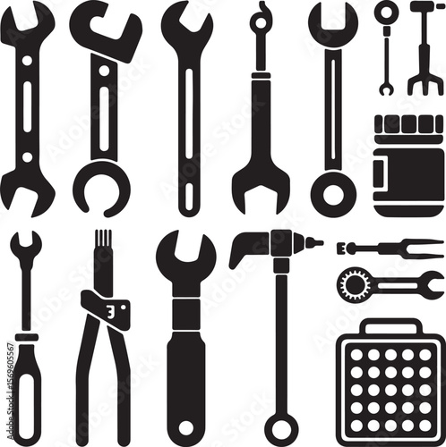 Black Silhouette Collection of Various Hand Tools Including Wrenches Pliers Screwdriver Hammer and More Mechanic Repair Kit Equipment Icons