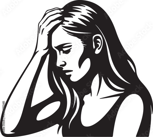 Black and White Silhouette of a Woman with Long Hair Holding Her Head in Distress Showing Sadness and Worry