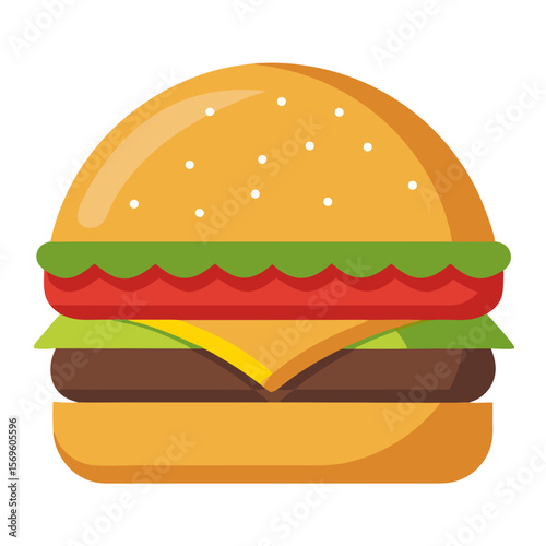 Multi-Layered Burger with Sesame - Fast Food Burger Illustration on Clean White Background